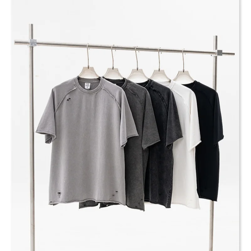 Summer-American-Weight-Washed-Wax-Dyed-Looped-330G-100cotton-Top-Destroyed-Rolled-Cuff-Large-Size-Short-Sleeve-T-shirt-for-Men