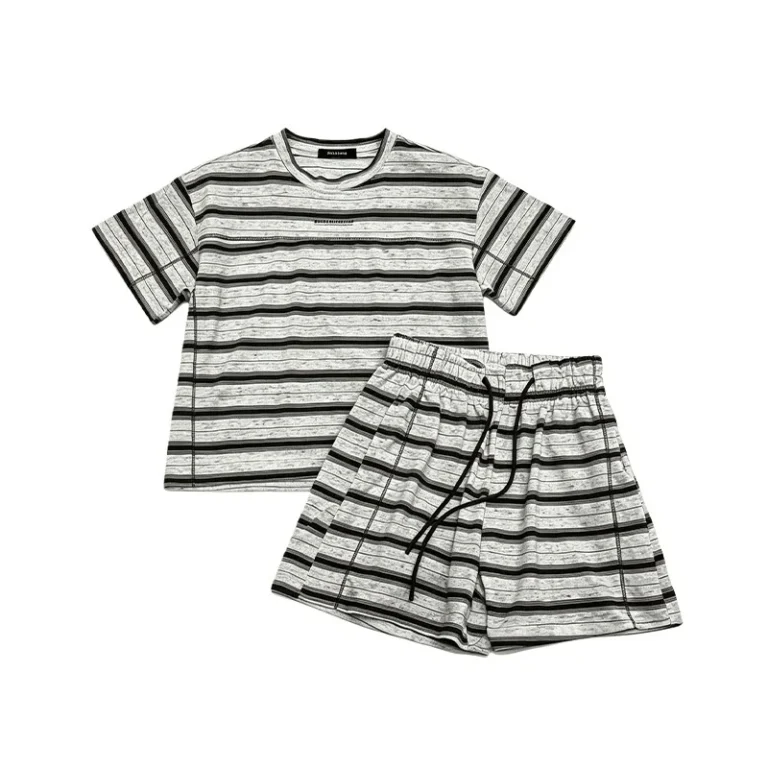 Summer-Boys-Cotton-Short-sleeved-Suit-Fashion-All-match-Striped-Neck-T-shirt-Shorts-Two-piece-Set-Collar-Label-Small