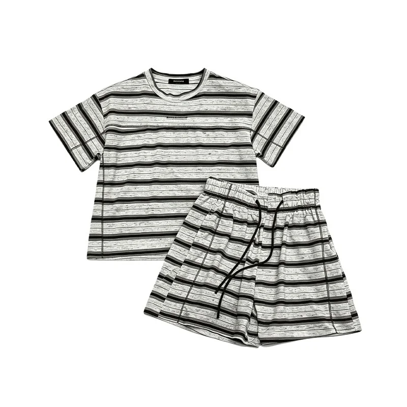 Summer-Boys-Cotton-Short-sleeved-Suit-Fashion-All-match-Striped-Neck-T-shirt-Shorts-Two-piece-Set-Collar-Label-Small