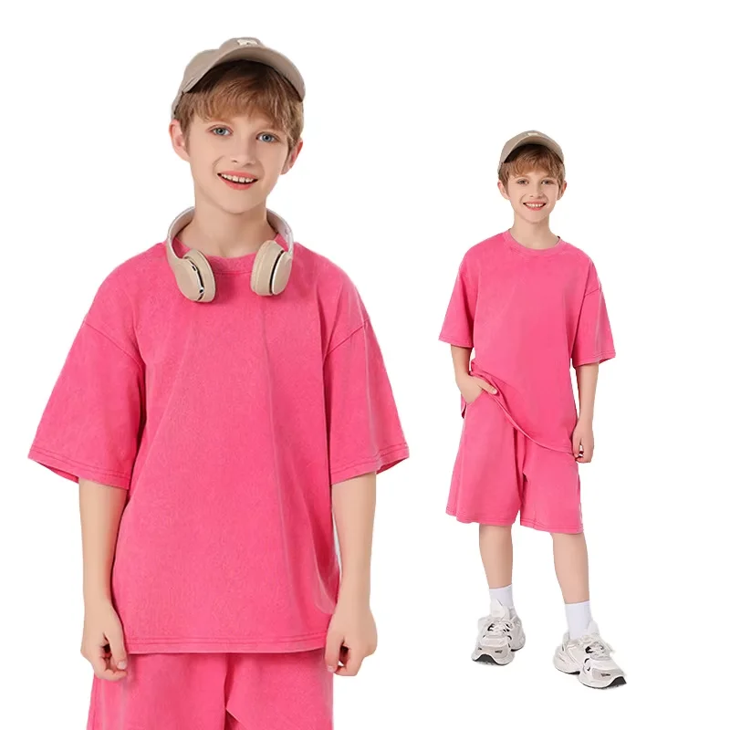 Summer-Boys-Crew-Neck-Solid-Color-Cotton-Loose-Short-Sleeves-T-shirt-Short-Pants-Boys-Clothing-Set