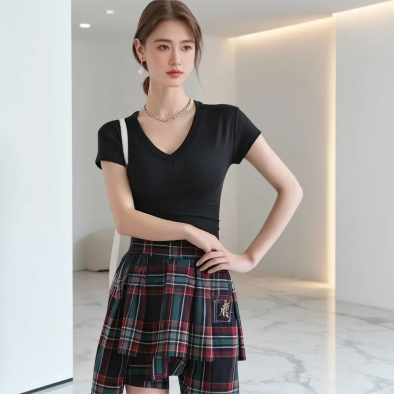 Summer-Breathable-Casual-Solid-V-neck-Short-Sleeve-Slim-Fit-Womens-T-shirt