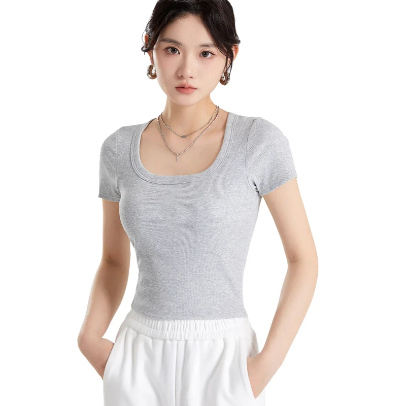Summer-Casual-Cropped-Short-Sleeve-T-shirt-Women-Trendy-Padded-Built-in-Bra-Slim-Fit-Breathable-Eco-Friendly-Spandex-Cotton