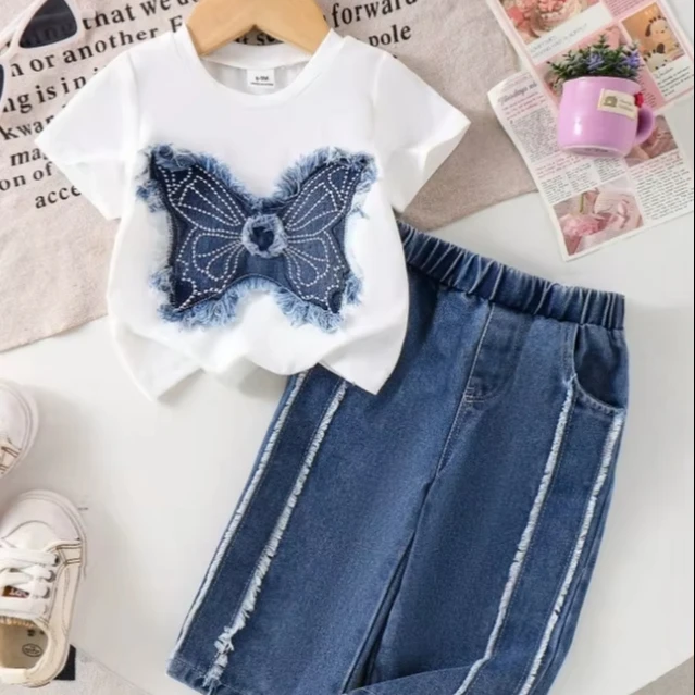 Summer-Casual-Round-neck-Butterfly-T-shirt-Top-Denim-Striped-Wide-leg-Pants-in-Stock-Kids-Clothes-Set