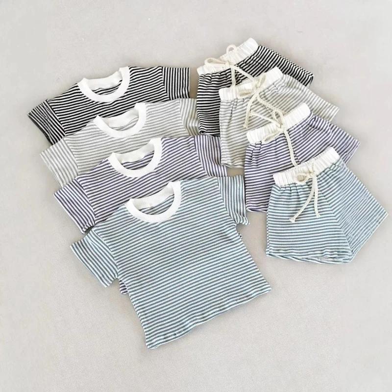 Summer-Children-Cotton-Clothes-Stripe-Waffle-Kids-T-shirts-Breathable-Shirts-and-Shorts-2-Pieces-Set-Outfit-for-Baby