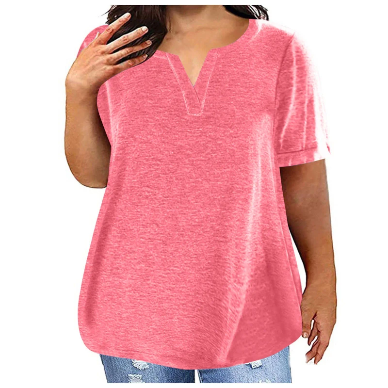 Summer-European-and-American-Style-Womens-Plus-Size-Loose-Casual-V-neck-Short-Sleeved-T-shirt-Supports-Customized-logo