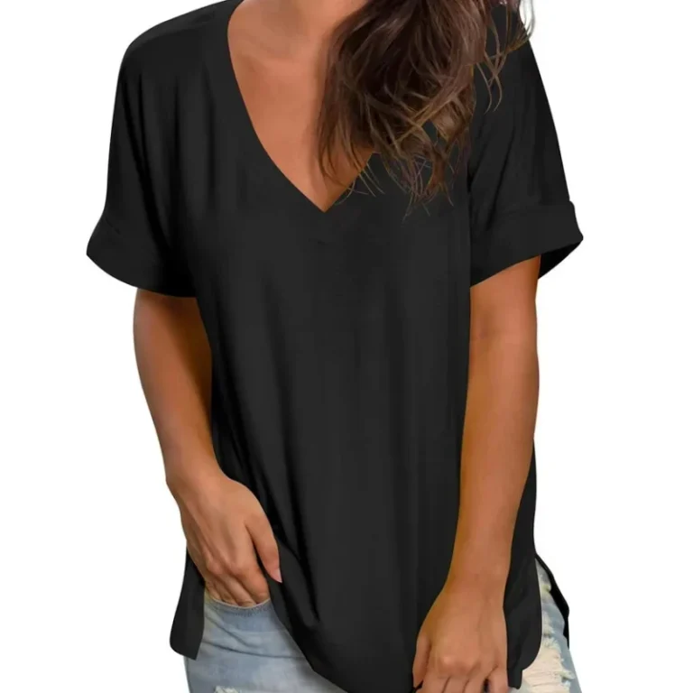 Summer-Fashion-Custom-Plus-Size-Womens-Loose-V-Collar-Tops-Breathable-Solid-Short-Sleeve-Casual-T-Shirts
