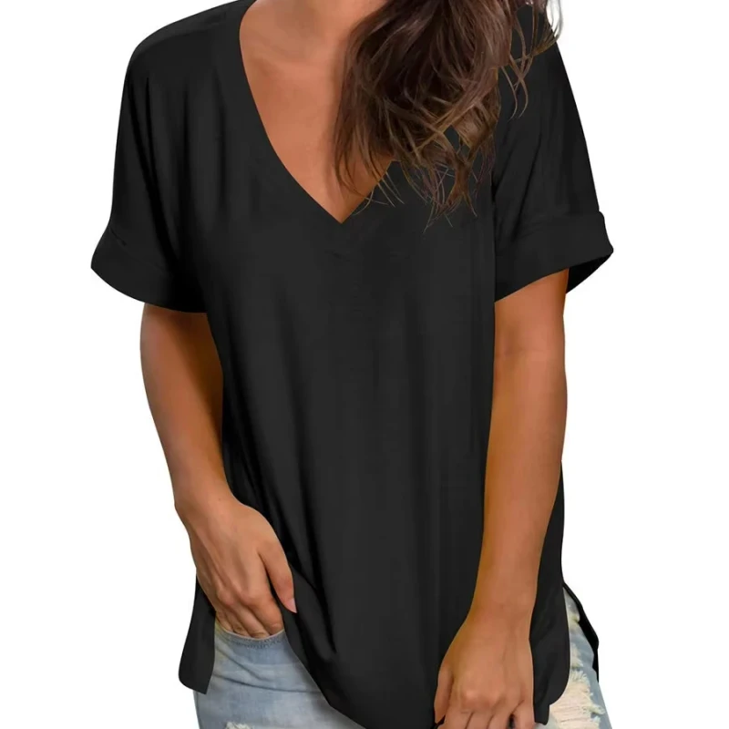 Summer-Fashion-Custom-Plus-Size-Womens-Loose-V-Collar-Tops-Breathable-Solid-Short-Sleeve-Casual-T-Shirts