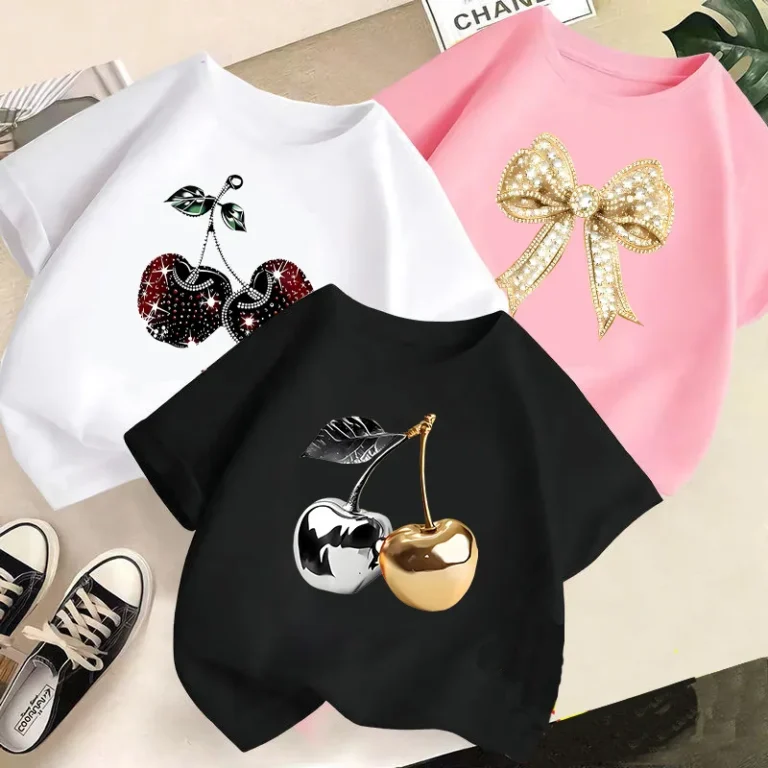 Summer-Fashion-Girls-Short-sleeve-Cotton-Moisture-wicking-T-shirt-Childrens-Cherry-print-All-match-Top-Western-style