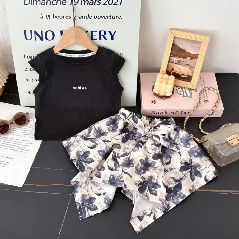 Summer-Girls-Dress-Set-Solid-colored-T-shirt-Floral-Shorts-Skirt-Set-square-Skirt-Two-piece-Summer-Outfit