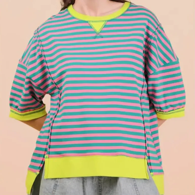 Summer-High-Quality-Casual-Contrast-Neckline-Crew-Neck-Cotton-Tee-Skin-Friendly-Oversized-Horizontal-Stripe-Mid-Sleeve-T-Shirt