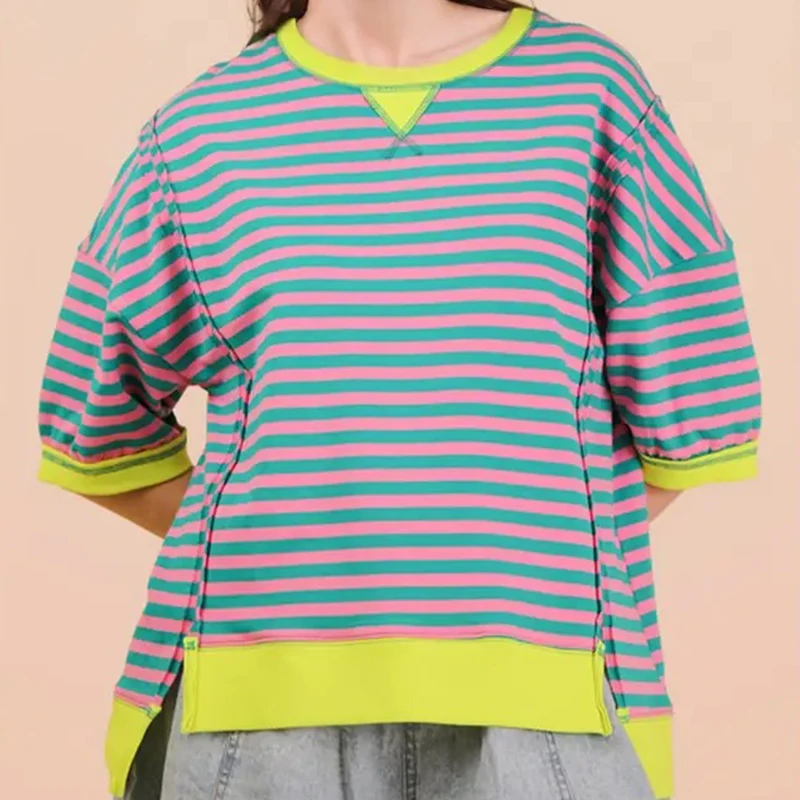 Summer-High-Quality-Casual-Contrast-Neckline-Crew-Neck-Cotton-Tee-Skin-Friendly-Oversized-Horizontal-Stripe-Mid-Sleeve-T-Shirt