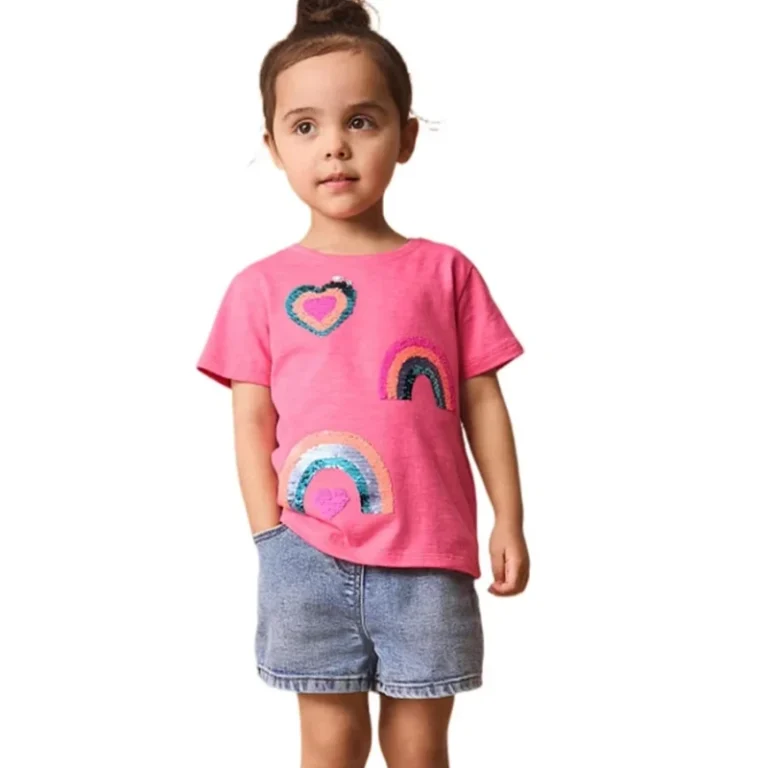 Summer-Kids-Casual-Wear-Girls-Rainbow-Short-Sleeve-T-shirt-Children-Sequin-Tee-Clothes-for-2-7y-Years
