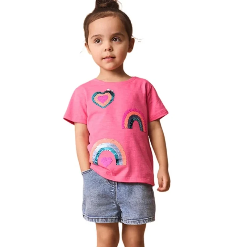 Summer-Kids-Casual-Wear-Girls-Rainbow-Short-Sleeve-T-shirt-Children-Sequin-Tee-Clothes-for-2-7y-Years