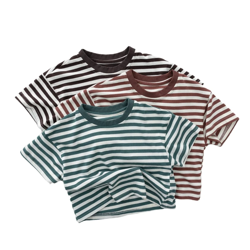 Summer-Korean-Style-Boys-and-Girls-T-shirt-Striped-Short-Sleeve-Cotton-Moisture-wicking-Crew-Neck-Baby-Tops