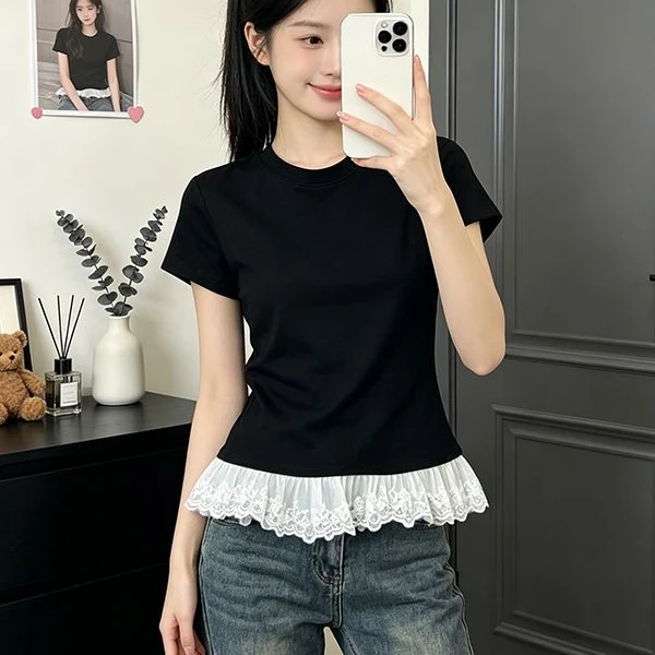 Summer-Lace-Hem-Short-Sleeve-Tee-for-Women-230GSM-Cotton-Spandex-Crew-Neck-Slim-Fit-Casual-Lace-Trim-Bottom-T-Shirt