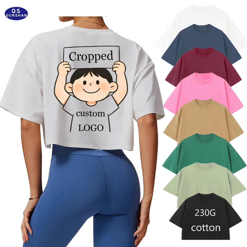 Summer-Loose-Casual-Yoga-Fitness-Womens-Cropped-T-Shirt-Fashion-Cut-Boxy-Pure-Cotton-T-Shirts-for-Women-Custom-Logo-Printing