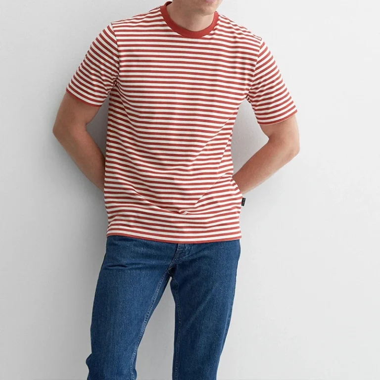 Summer-Loose-Short-Sleeved-T-Shirt-Crew-Neck-Casual-Top-with-Contrast-Color-Stripes-Rust-Stripe-Mens-Cotton-T-Shirt