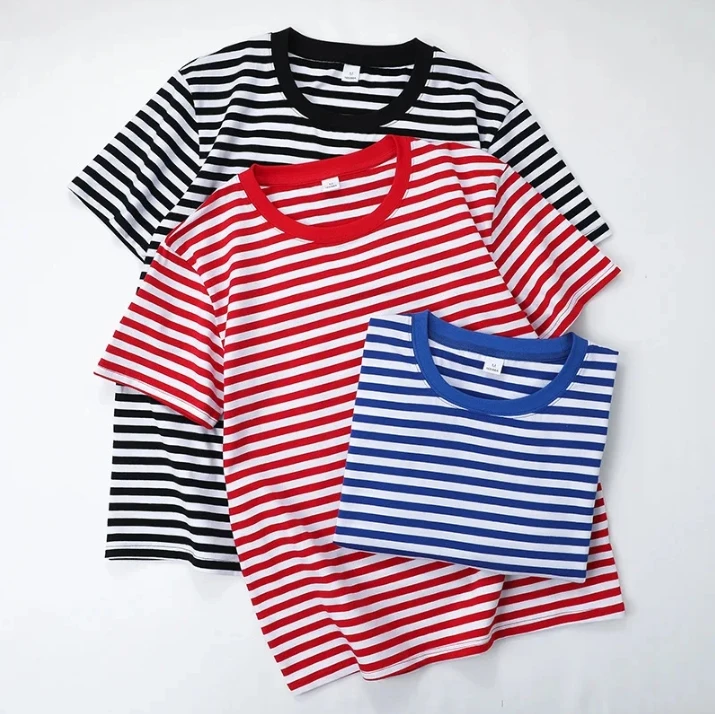 Summer-Loose-Short-sleeved-T-shirt-Contrast-Color-Striped-Couple-Wear-Crew-neck-Fashion-Casual-Top