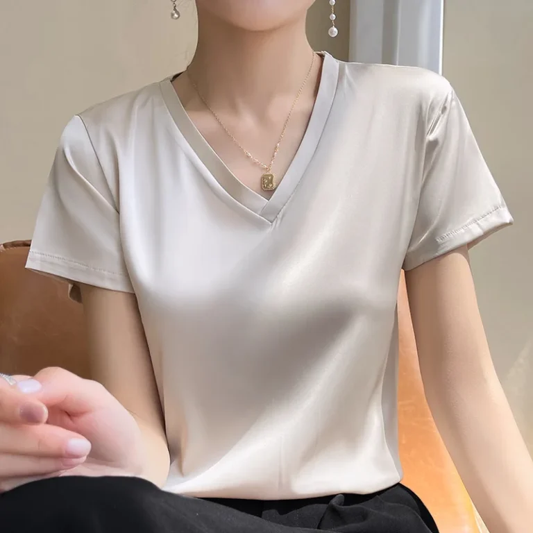Summer-Loose-V-neck-Solid-Color-Simple-Short-Sleeved-Womens-T-shirt