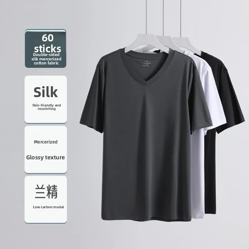 Summer-Mens-Solid-color-Short-sleeve-for-Modal-Casual-Top-V-neck-Mercerized-Cotton-T-shirt-Blank-Design-Suitable-Both