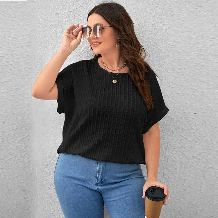 Summer-New-Plus-Size-Fashionable-Womens-Casual-T-shirt-Solid-Color-Round-Neck-Casual-Short-Sleeved-T-shirt-Top