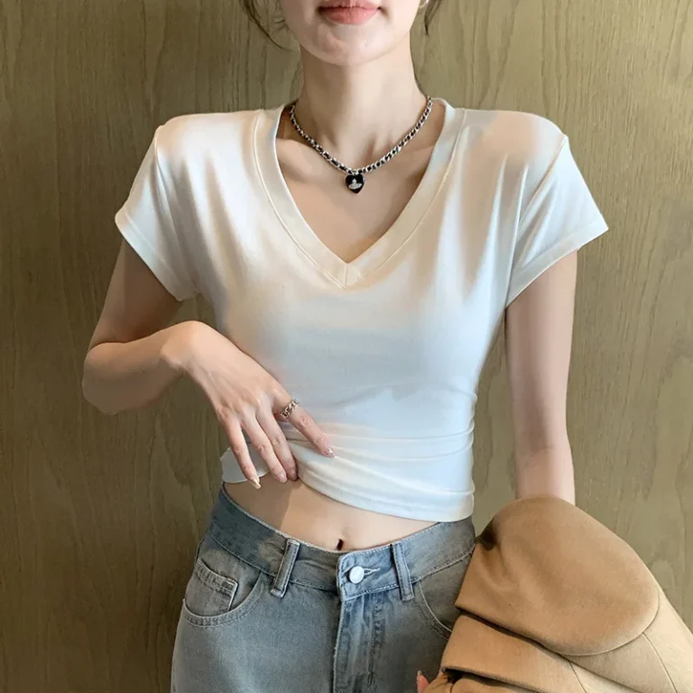 Summer-New-Style-Womens-V-neck-Short-Sleeve-T-shirt-with-Regular-Shoulder-Slimming-and-Waist-cinching-High-end-and