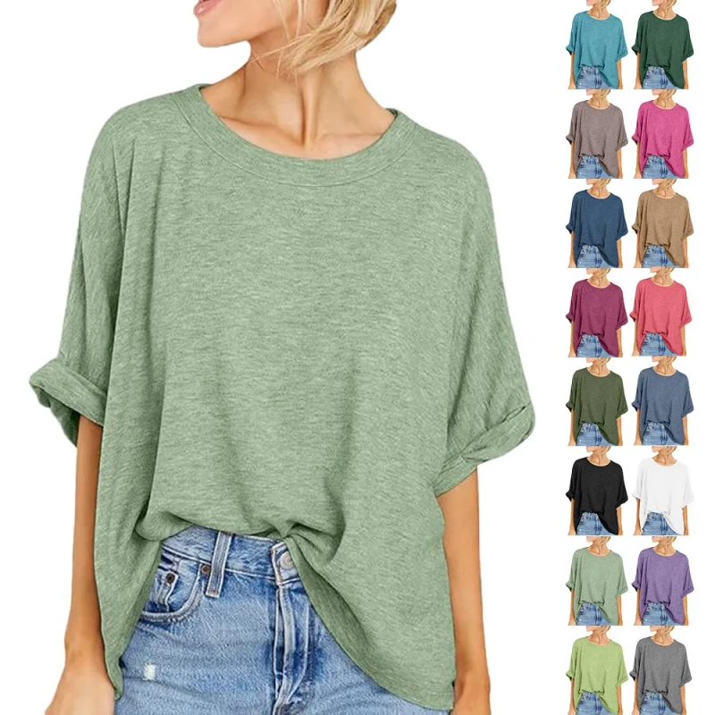 Summer-New-Womens-Large-Size-Breathable-Anti-Pilling-Solid-Jersey-Polyester-Casual-T-Shirt-Short-Sleeve-Loose-Top-Tee