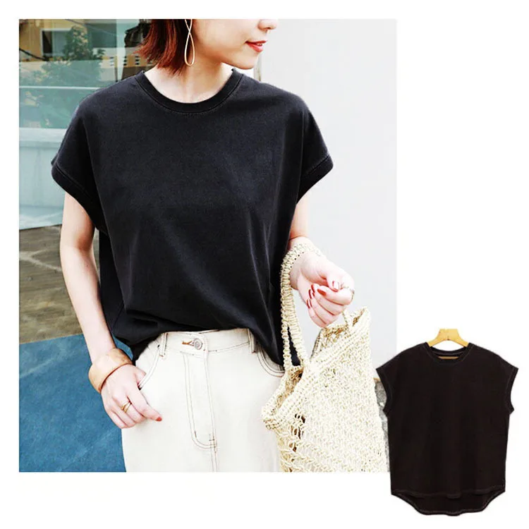 Summer-New-Womens-Short-Sleeve-T-Shirt-Side-Split-Curved-Hem-Basic-Top-High-Quality-Cotton-Streetwear