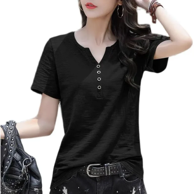 Summer-New-Womens-V-neck-Loose-Short-Sleeved-T-shirt-Plus-Size-High-Quality-Casual-Breathable-Top