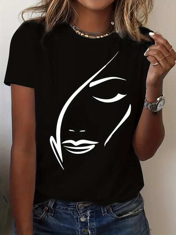 Summer-Plus-Size-Abstract-Print-Round-Neck-T-Shirt-Women-Casual-Stylish-Versatile-White-Graphic-T-Shirt-95-Polyester-5-Spandex