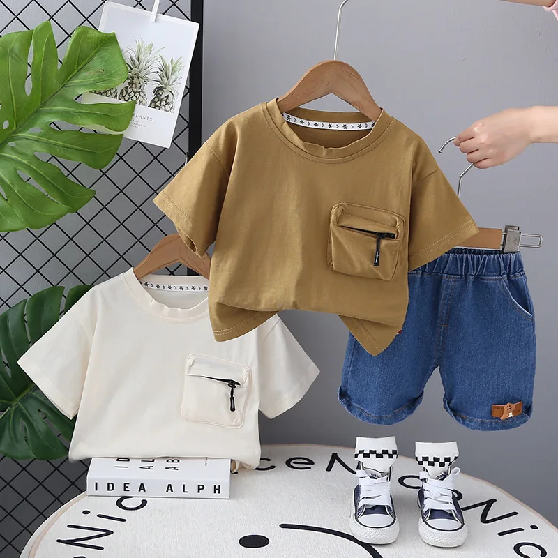 Summer-Solid-Color-Short-Sleeve-O-Neck-T-Shirt-Shorts-Set-for-Kids-Boys-with-3D-Zipper-Pocket