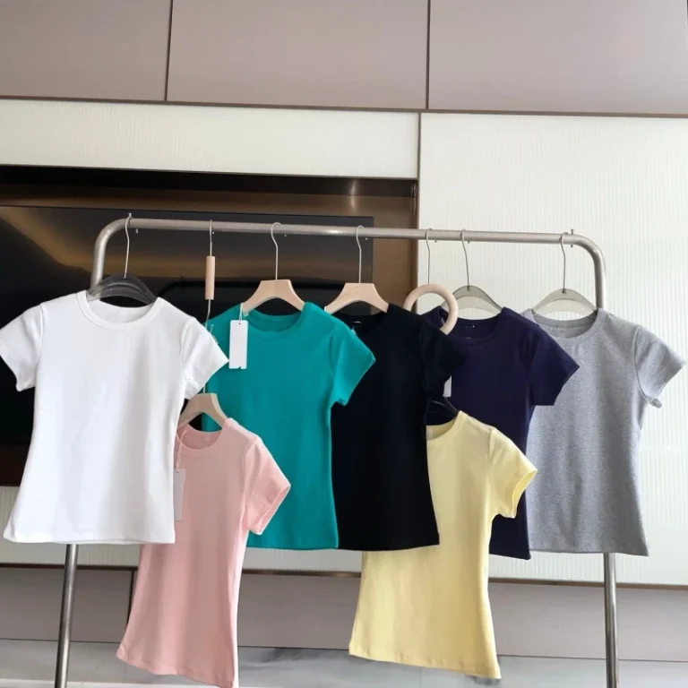 Summer-Solid-Color-Slim-fit-Crew-Neck-Short-Sleeve-Hot-Stamped-Sports-Sexy-Club-Casual-Cotton-Spandex-Womens-T-shirt