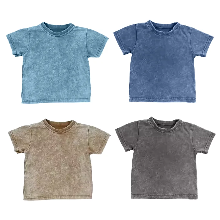 Summer-Toddler-100-Cotton-Retro-Classic-Stone-Acid-Wash-Tee-Boys-And-Girls-Tan-Black-T-shirt