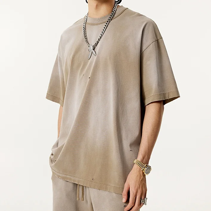 Summer-Trendy-100-Cotton-O-Neck-T-Shirt-Gradient-Sports-T-shirt-285g-Acid-Washed-High-Street-Solid-Design-Shirt-for-Men-Women