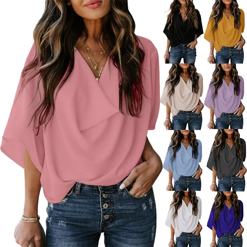 Summer-Women-New-Fashion-V-neck-Short-Sleeve-Chiffon-Solid-Casual-Tops-T-Shirt-Clothing-Womens-Top