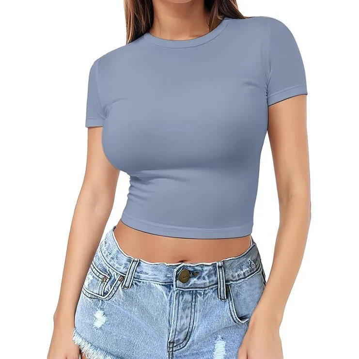 Summer-Womens-Basic-Crop-Tee-Crew-Neck-Short-Sleeve-Slim-Fit-T-Shirt-Casual-Milk-Silk-Top