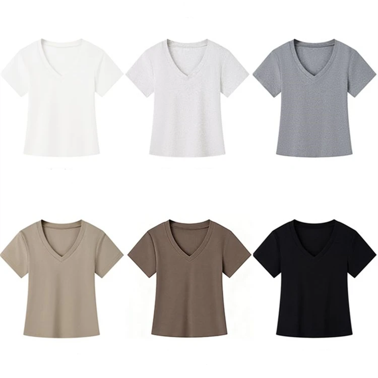 Summer-Womens-Versatile-V-Neck-T-Shirt-220GSM-Cotton-Spandex-Regular-Shoulder-Short-Sleeve-Casual-Tee