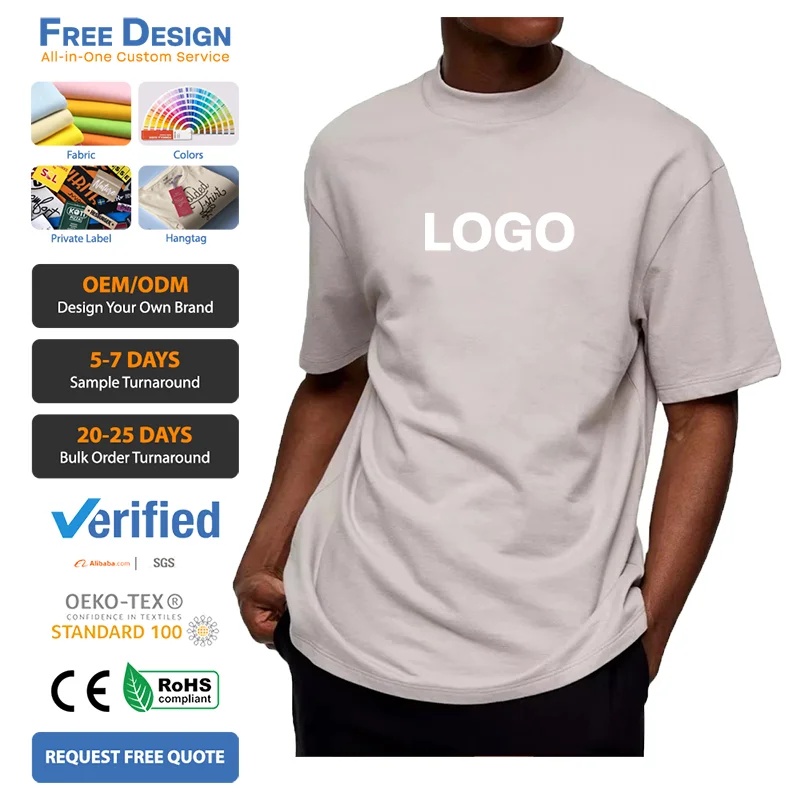 Super-Heavy-250gsm-Thick-Oversized-Solid-Mens-Mock-Neck-Blank-T-Shirt-100-Cotton-Polyester-Breathable-Eco-Friendly