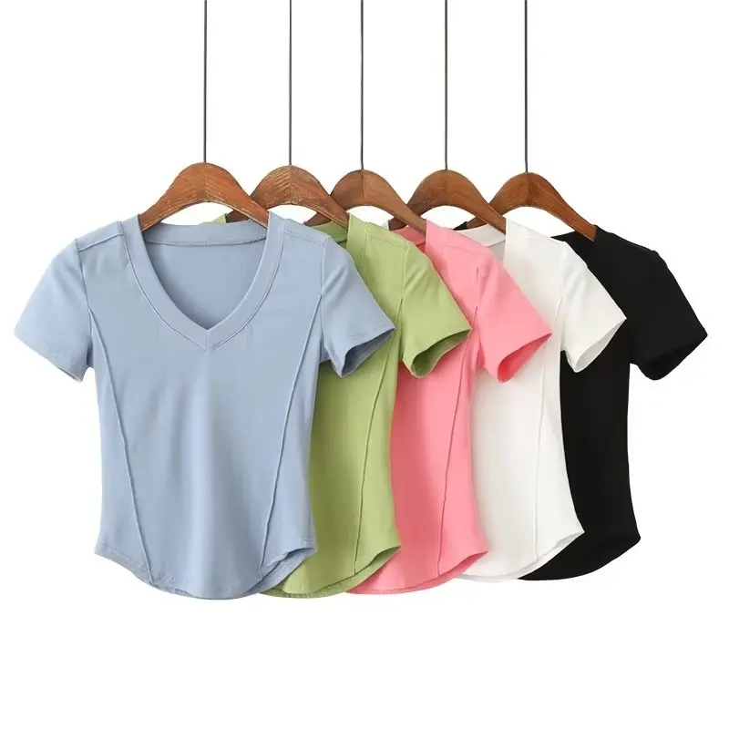 T-ShirPBZA-Women-Short-Sleeve-V-Neck-Waist-and-Curve-the-Bottom-Tshirt-Summer-Women-Causal-Tee-Shirt-Tops-Mujer