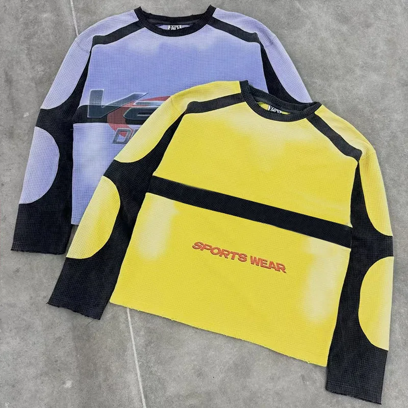 T-Shirt-Manufacturer-Custom-Acid-Wash-Mens-Color-Block-Waffle-Knit-Long-Sleeve-Tee-Street-Inspired-Sporty-Prints