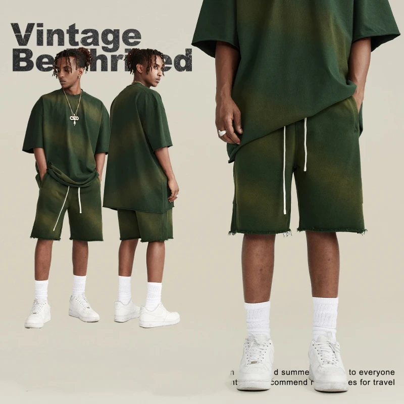 T-Shirts-Blank-Sublimation-Puff-Printing-100-Cotton-Streetwear-Drop-Shoulder-T-Shirt-and-Shorts-Set