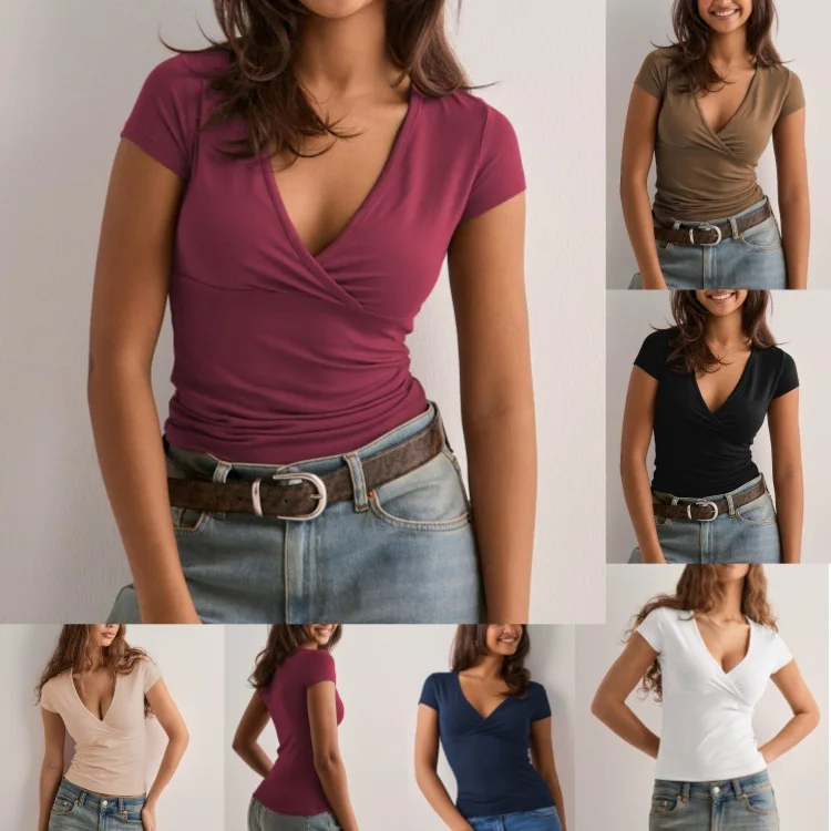 T-shirts-Pour-Femmes-Cute-Soft-Solid-Color-Womens-Breathable-Slim-Fit-V-Neck-Short-Sleeved-T-Shirt-Sports-Fitness-Casual-Top