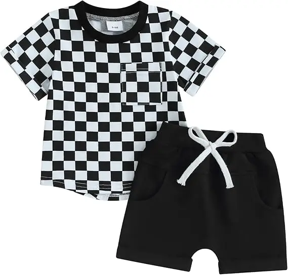 Toddler-Baby-Boy-Summer-Clothes-Checkerboard-Print-Short-Sleeve-T-Shirt-and-Shorts-Set