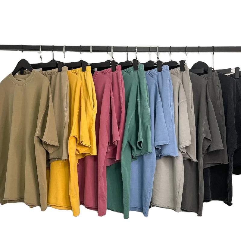 Top-Fashion-Trendy-Two-Piece-Vintage-Washed-100-Cotton-French-Terry-320gsm-Breathable-Spring-Tracksuits-T-Shirts-Set
