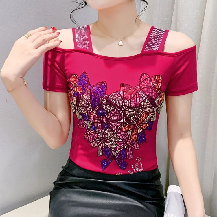 Trendy-Girls-Rhinestone-Bowknot-Short-Sleeve-Custom-Hot-Pressed-Pattern-Tee-Tops-Colorful-Diamond-Off-the-shoulder-Party-T-shirt