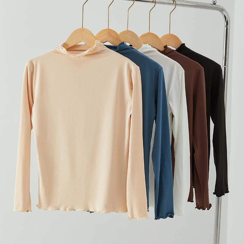 Turtleneck-Collar-Casual-All-match-Bottoming-Shirt-Womens-Slimming-White-Long-sleeved-T-shirt-Ruffled-Edges
