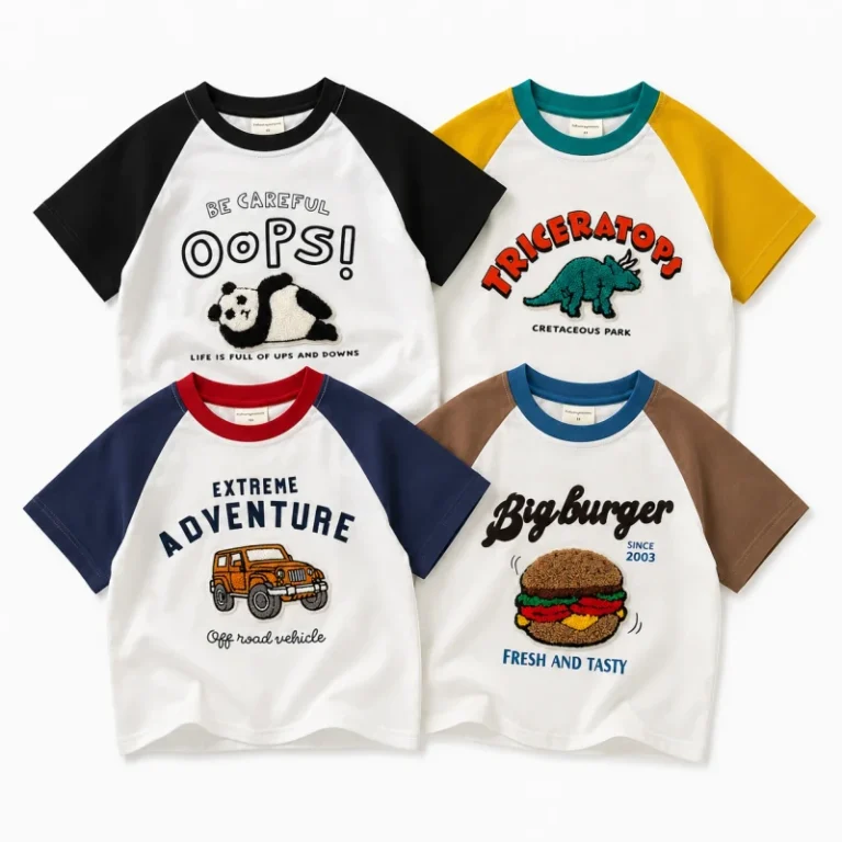 Unisex-Kids-Cartoon-T-Shirt-Cotton-Raglan-Short-Sleeve-Tee-3D-Towel-Embroidery-Summer-Casual-Top
