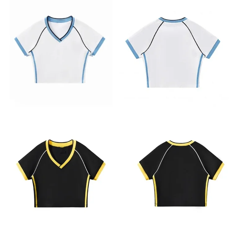 V-Neck-Color-Block-Patchwork-Tee-Crop-Top-Womens-Street-Trendy-Summer-Short-Sleeve-T-shirt