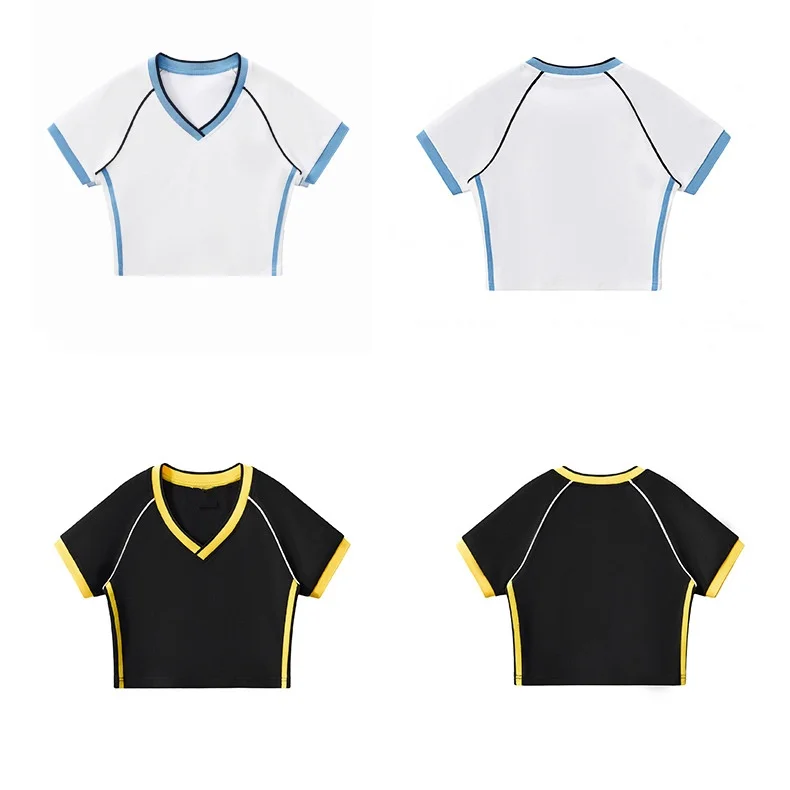 V-Neck-Color-Block-Patchwork-Tee-Crop-Top-Womens-Street-Trendy-Summer-Short-Sleeve-T-shirt