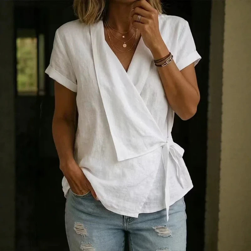 V-Neck-Cotton-Like-Polyester-Casual-Short-Sleeve-T-Shirt-for-Women-Summer-Fashion-Lightweight-Breathable-Simple-Color
